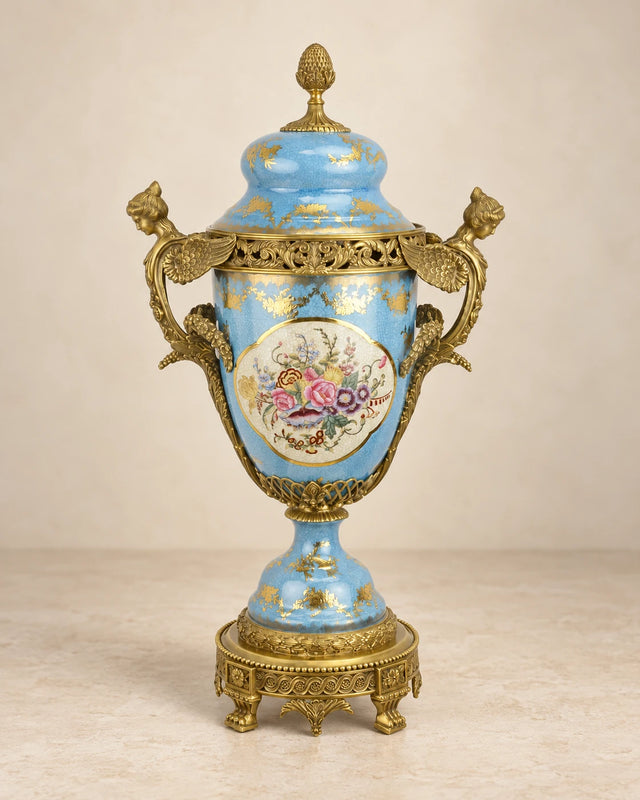 Blue Floral Porcelain Covered Urn