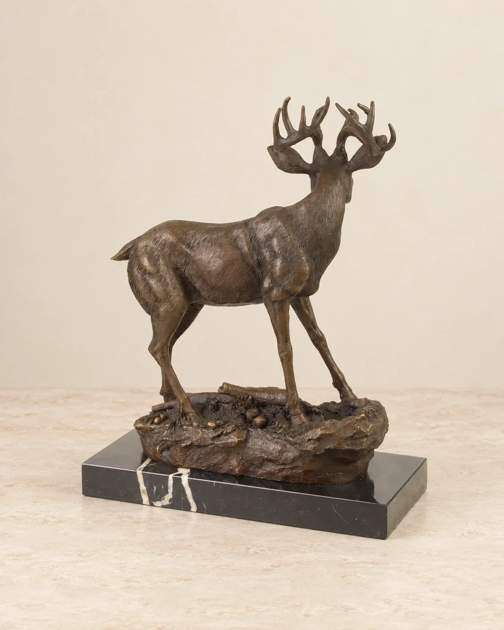 Deer Bronze Sculpture — 32.9 cm Tall — second view against a warm ivory background
