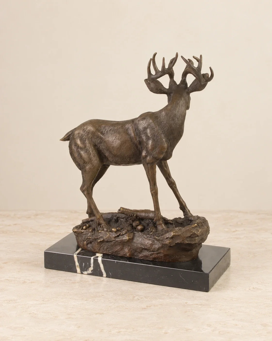 Deer Bronze Sculpture — 32.9 cm Tall — second view against a warm ivory background