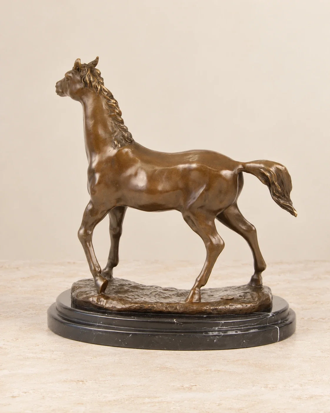 Bronze Horse Sculpture — 29.7 cm Tall — second view against a warm ivory background
