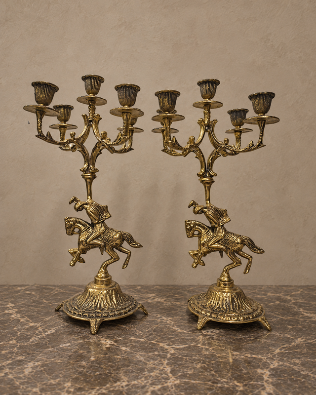 Pair of Mounted Warrior Bronze Candelabra
