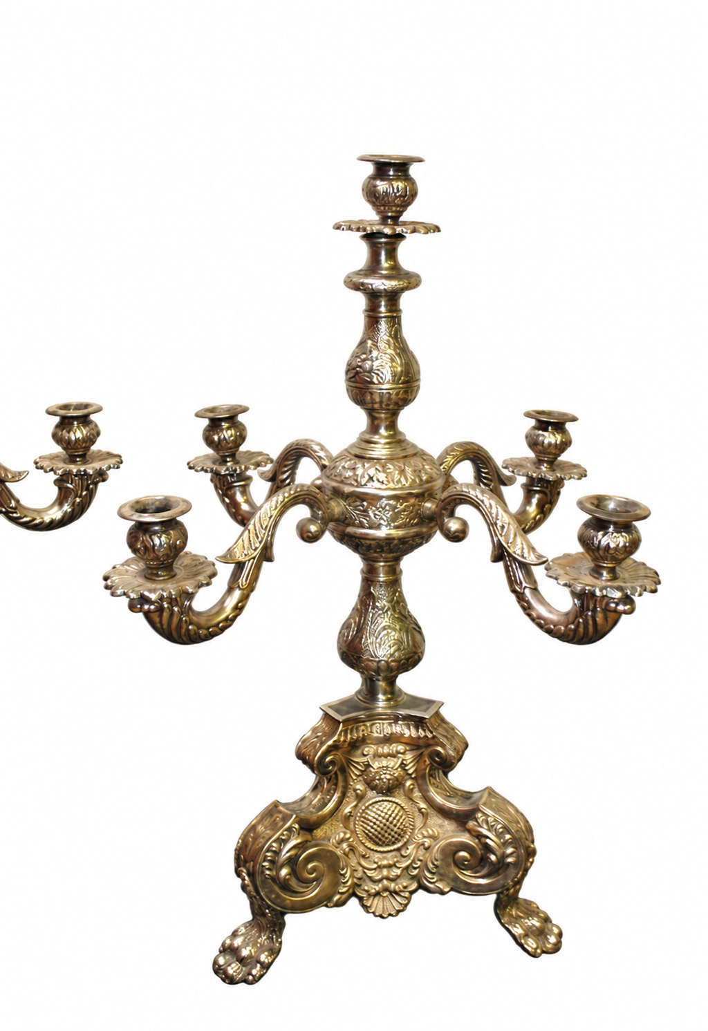 Pair of Five-Light Silvered Metal Candelabra with Claw Feet — detail view 3