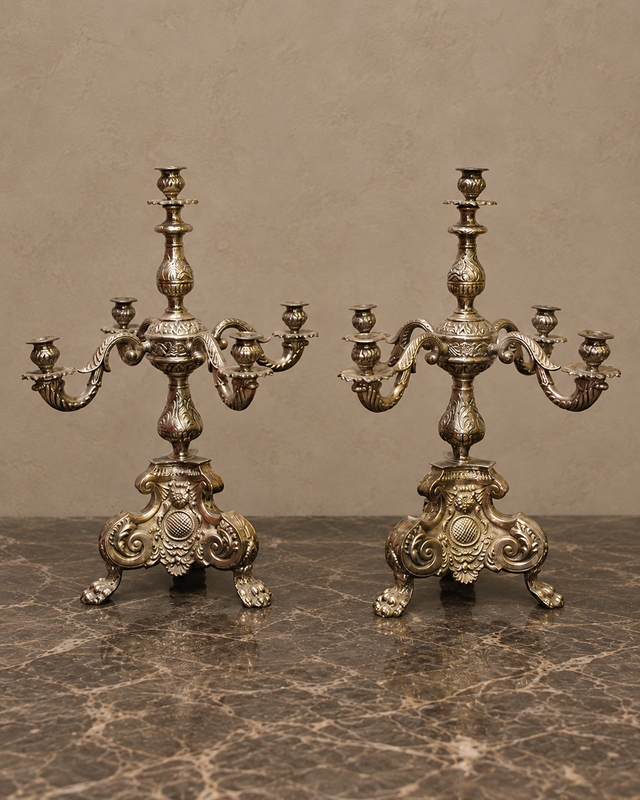 Pair of Five-Light Silvered Metal Candelabra with Claw Feet