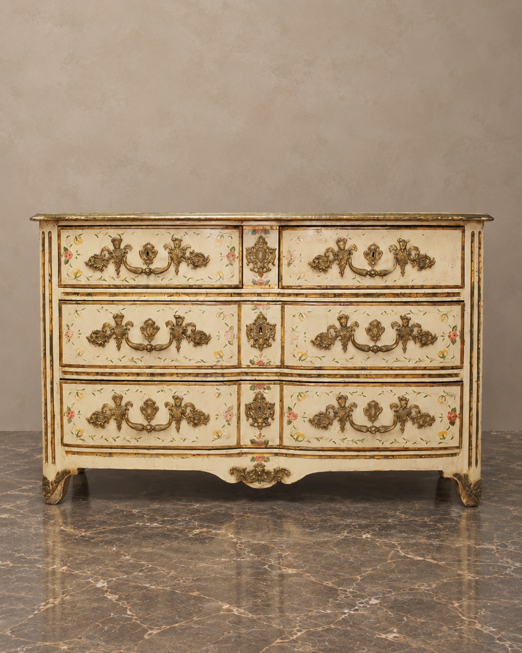 19th-Century Beige Painted Floral Chest of Drawers — main view