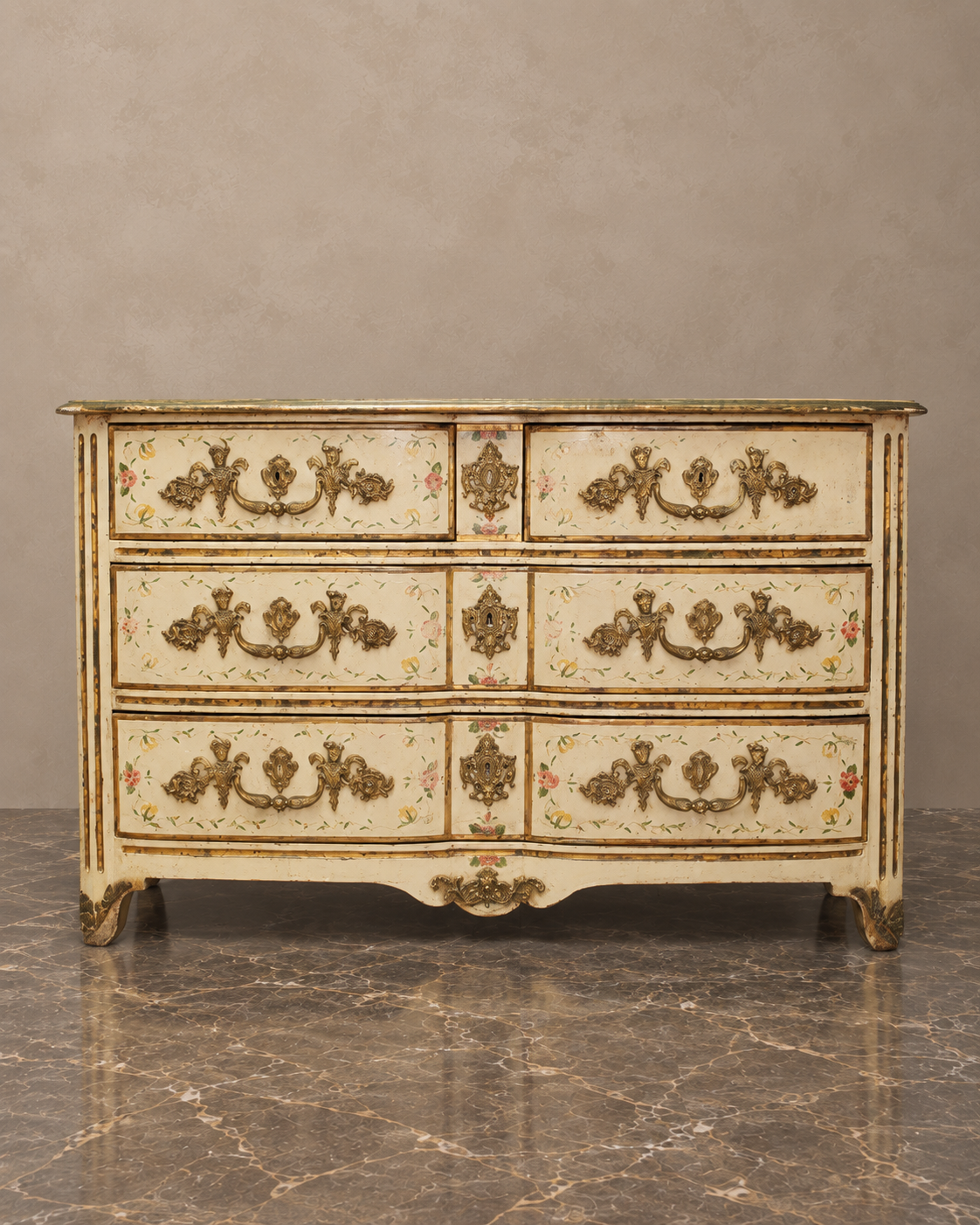 19th-Century Beige Painted Floral Chest of Drawers — main view