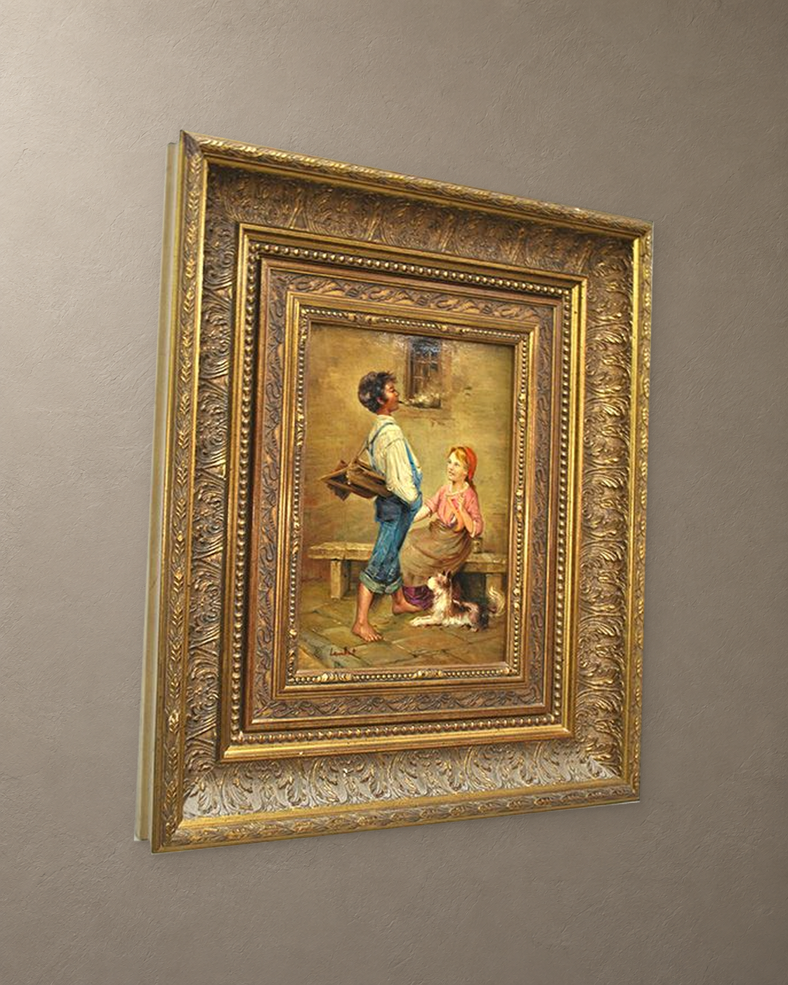 Country Conversation, Oil on Copper Signed Lambert — framed artwork on a taupe wall