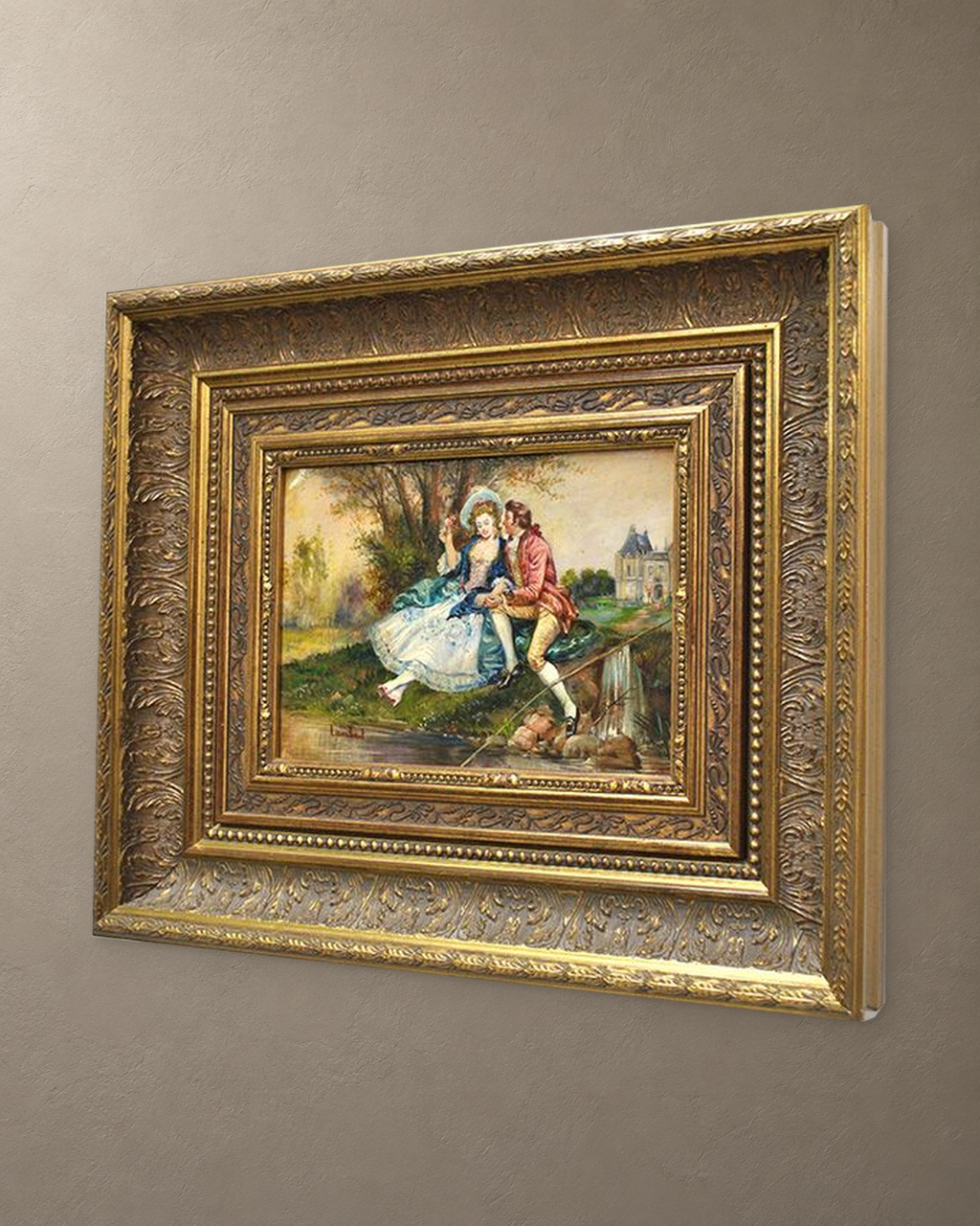 Courting Couple in a Landscape, Oil on Copper Signed Lambert — framed artwork on a taupe wall