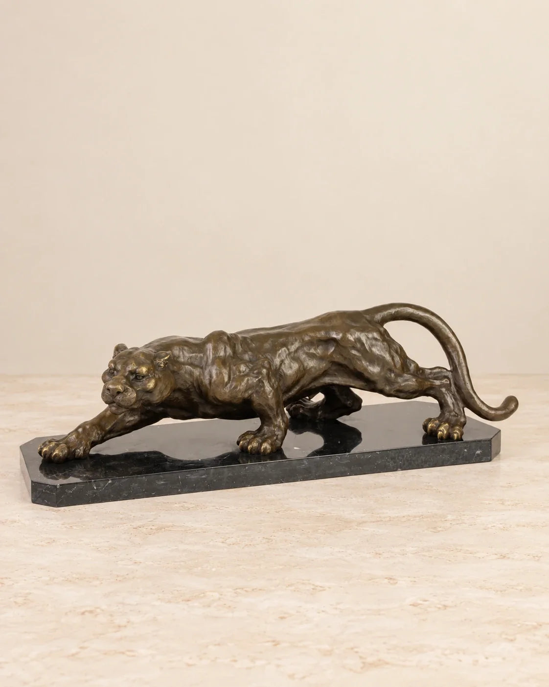 Crouching Panther Bronze Sculpture — primary view against a warm ivory background