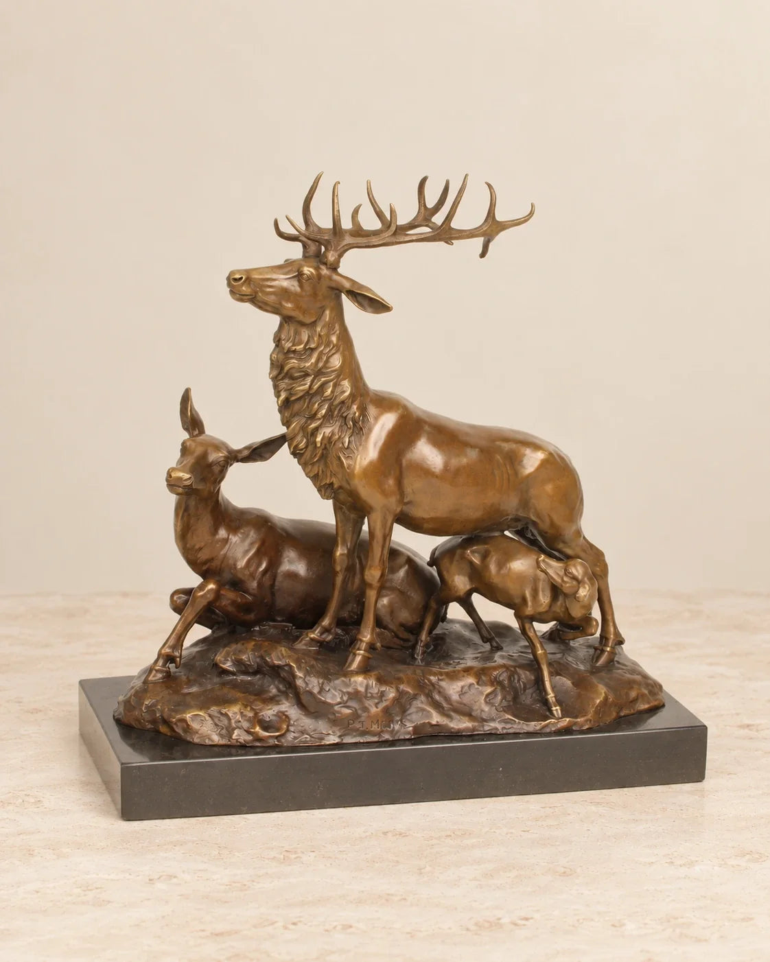 Deer Family Bronze Sculpture — primary view against a warm ivory background