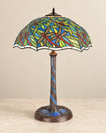 Dragonfly Tiffany-style table lamp with a colorful glass shade and spiral stem