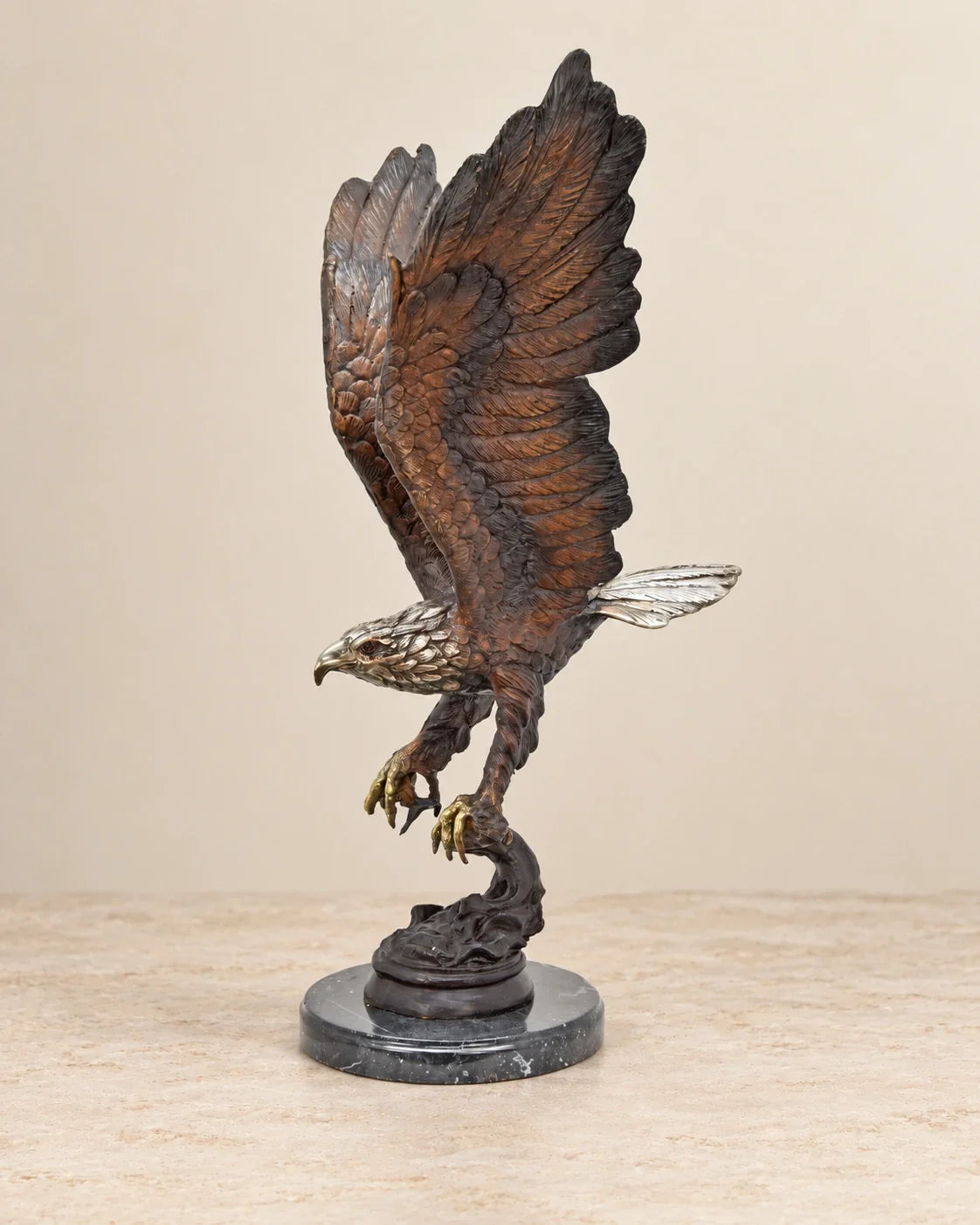 Eagle Fishing for Salmon Bronze Sculpture — primary view against a warm ivory background