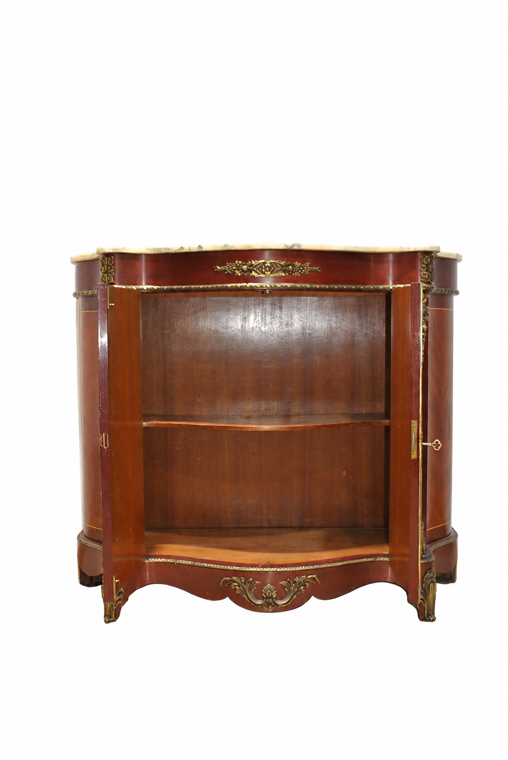 Floral Marquetry Two-Door Cabinet with White Marble Top — detail on white background
