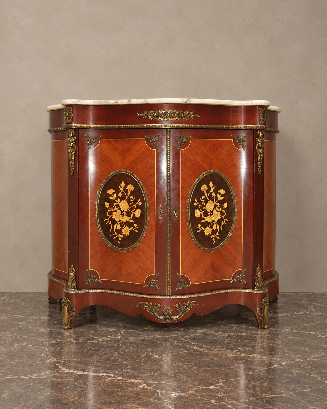 Floral Marquetry Two-Door Cabinet with White Marble Top — main view