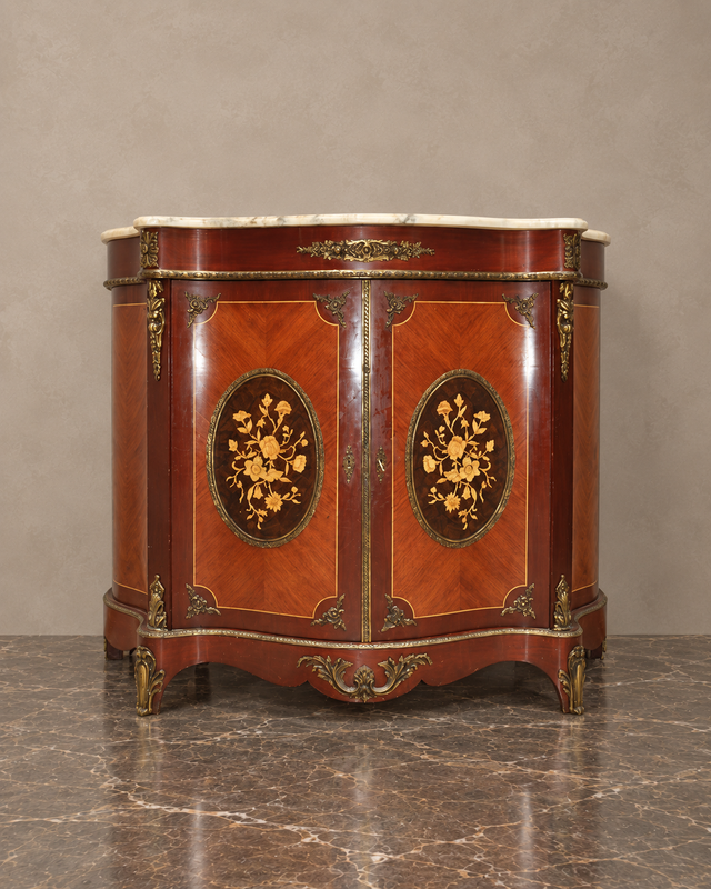 Floral Marquetry Two-Door Cabinet with White Marble Top
