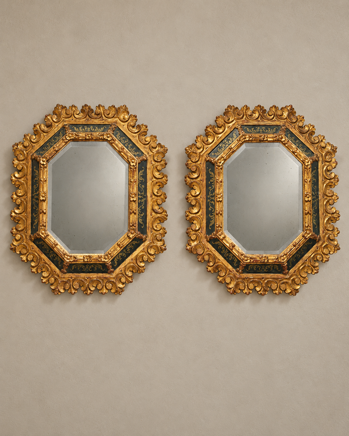Pair of Antique Octagonal Giltwood and Green-Glass Mirrors — main view