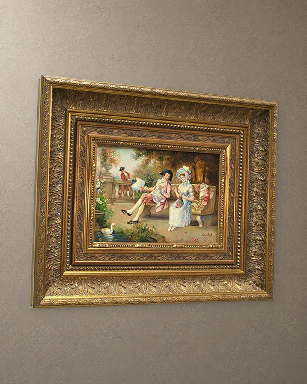 Garden Conversation, Oil on Copper Signed Lambert — framed artwork on a taupe wall