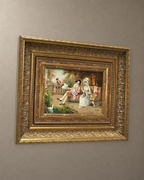 Garden Conversation, Oil on Copper Signed Lambert — framed artwork on a taupe wall