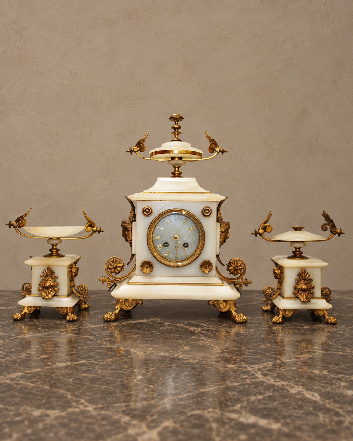 19th-Century White Marble and Gilt Mantel Clock Set — main view