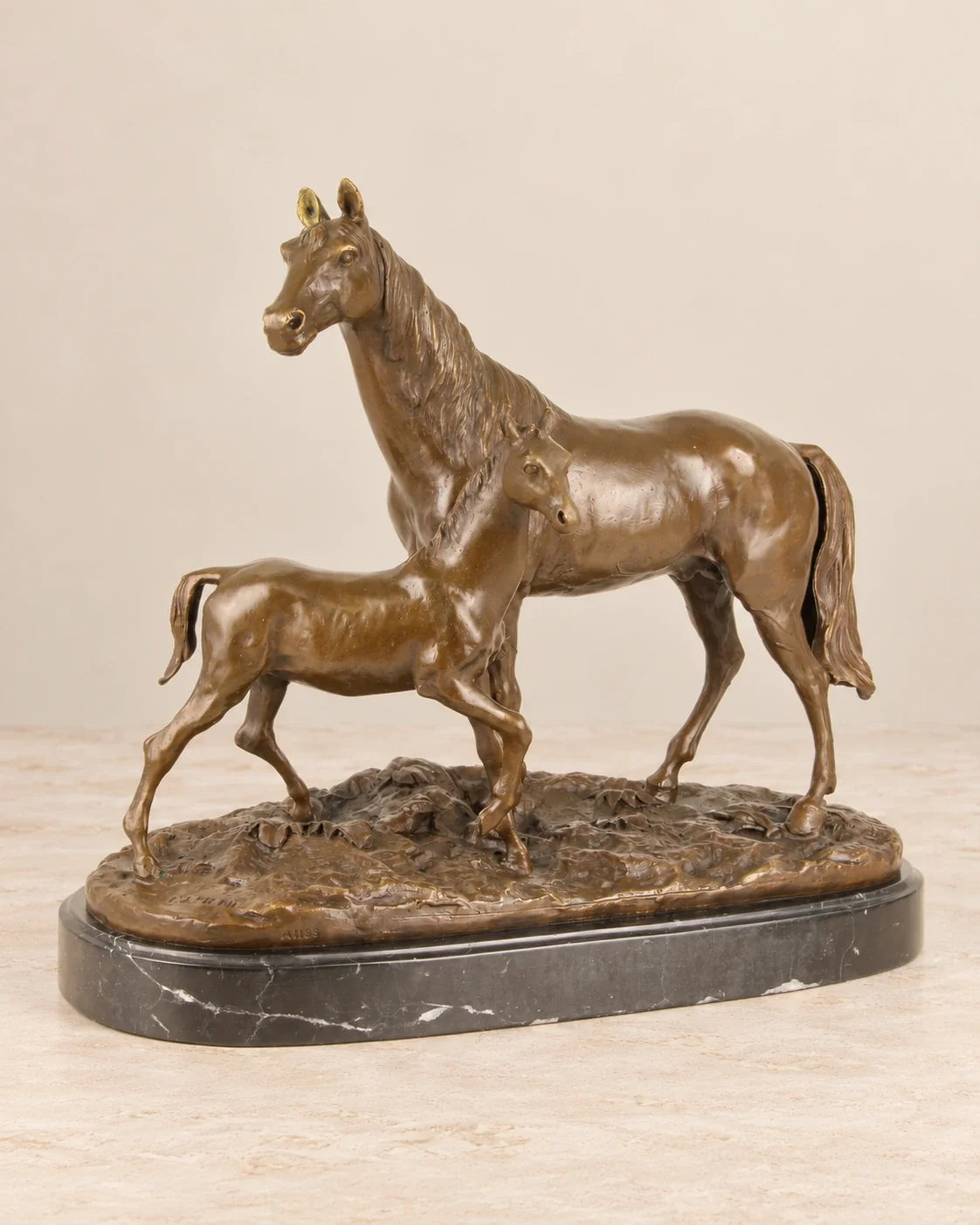 Horse and Foal Bronze Sculpture — 41 cm Long — primary view against a warm ivory background