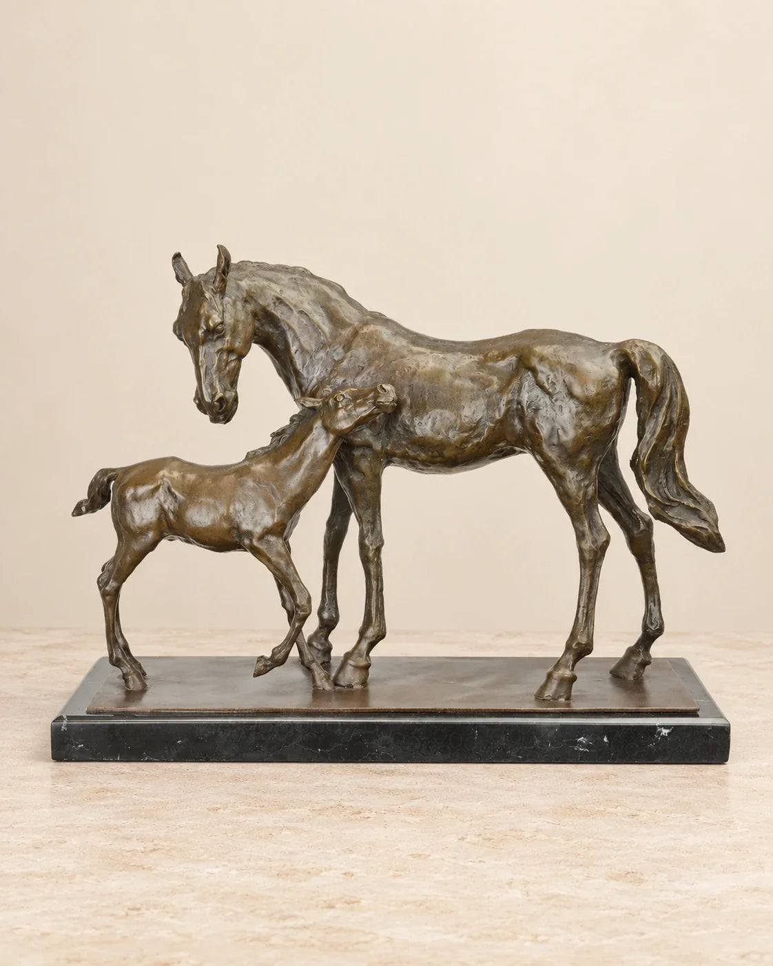 Horse and Foal Bronze Sculpture — 44 cm Long — primary view against a warm ivory background