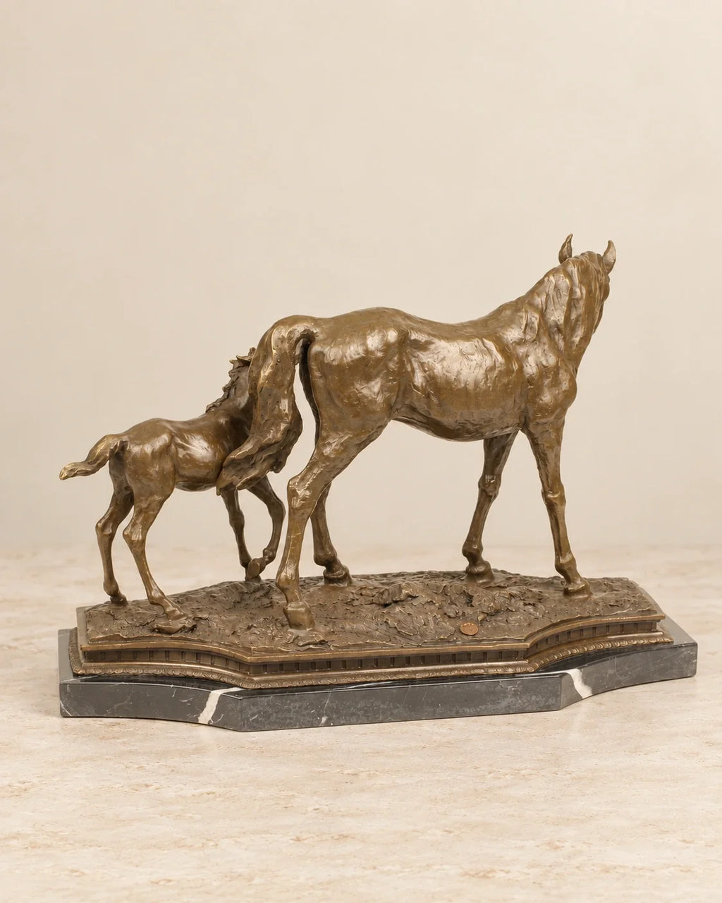 Horse and Foal Bronze Sculpture — 55.2 cm Long — second view against a warm ivory background