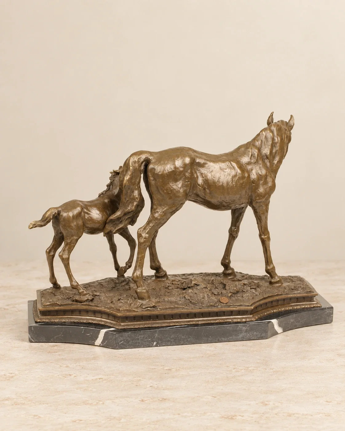 Horse and Foal Bronze Sculpture — 55.2 cm Long — second view against a warm ivory background