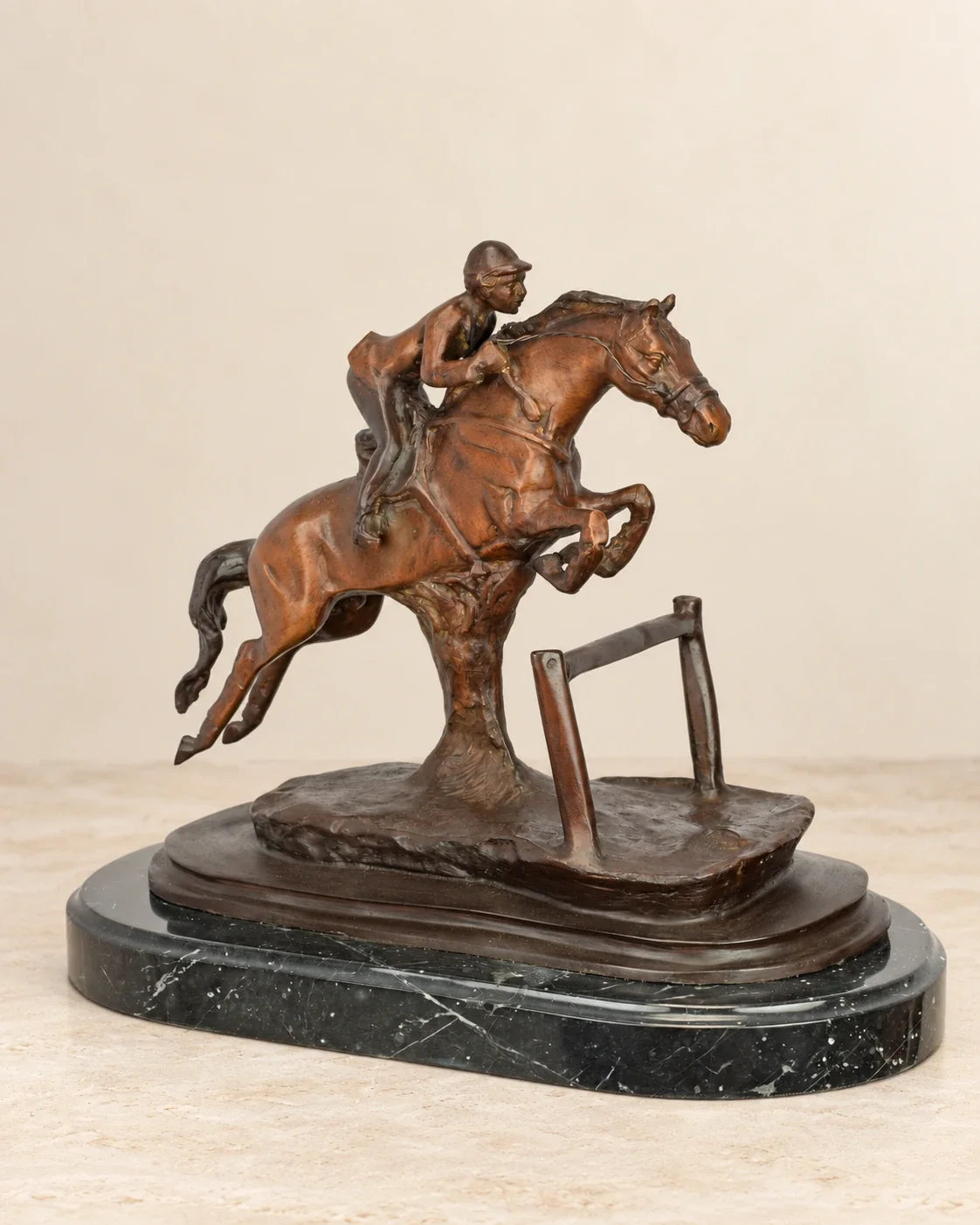 Horse and Rider Bronze Sculpture — primary view against a warm ivory background