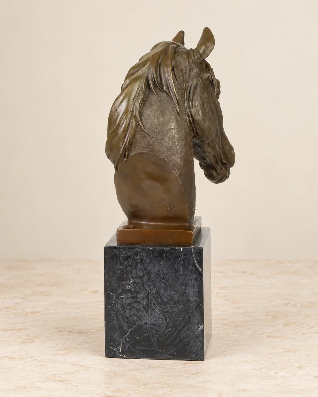 Horse Head Bronze Sculpture — 43.5 cm Tall — second view against a warm ivory background