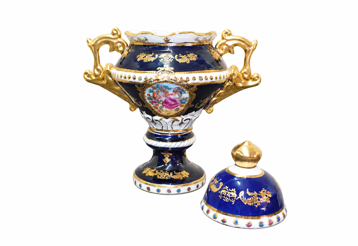Cobalt Blue and Gilt Porcelain Lidded Urn — detail view 9