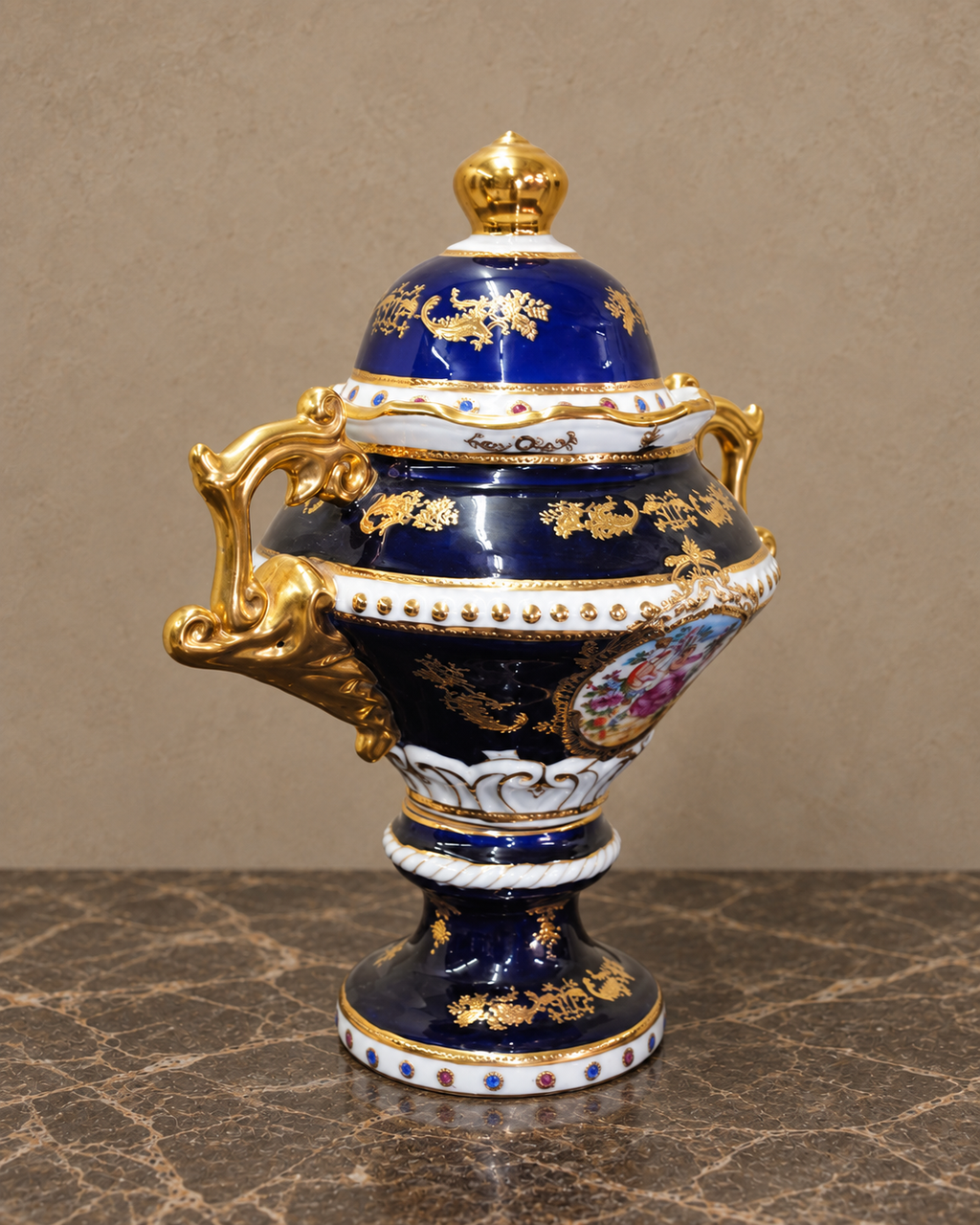 Cobalt Blue and Gilt Porcelain Lidded Urn — main view