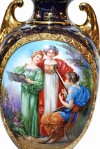 Pair of Sèvres-Style Cobalt Porcelain Urns with Musical Scenes — detail view 6