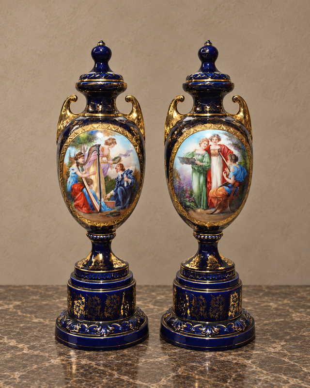 Pair of Sèvres-Style Cobalt Porcelain Urns with Musical Scenes