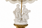 Biscuit Porcelain Figural Lamp with Scalloped Fringed Shade — detail on white background
