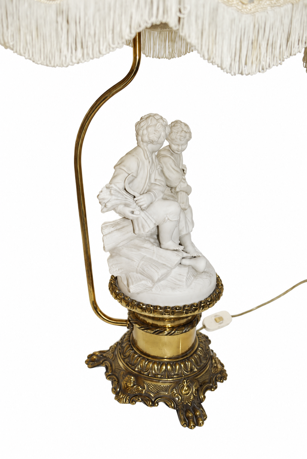 Biscuit Porcelain Figural Lamp with Scalloped Fringed Shade — detail on white background