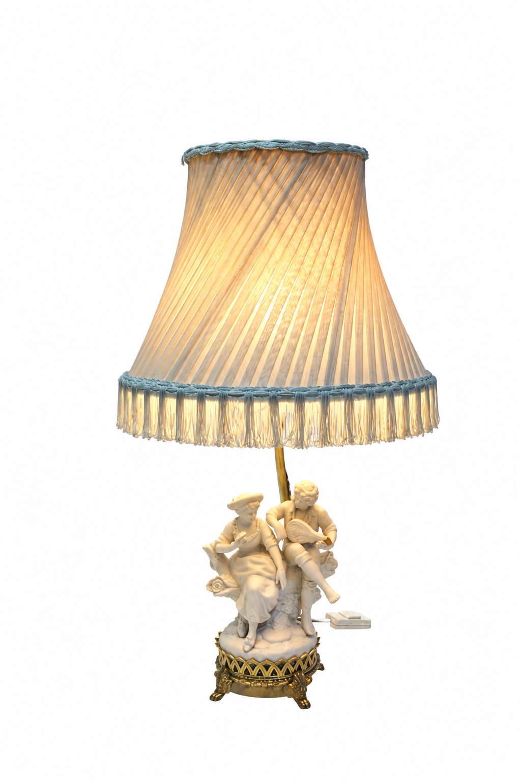 Biscuit Porcelain Musician Lamp with Pleated Fringed Shade — detail on white background
