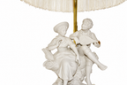 Biscuit Porcelain Musician Lamp with Pleated Fringed Shade — detail on white background