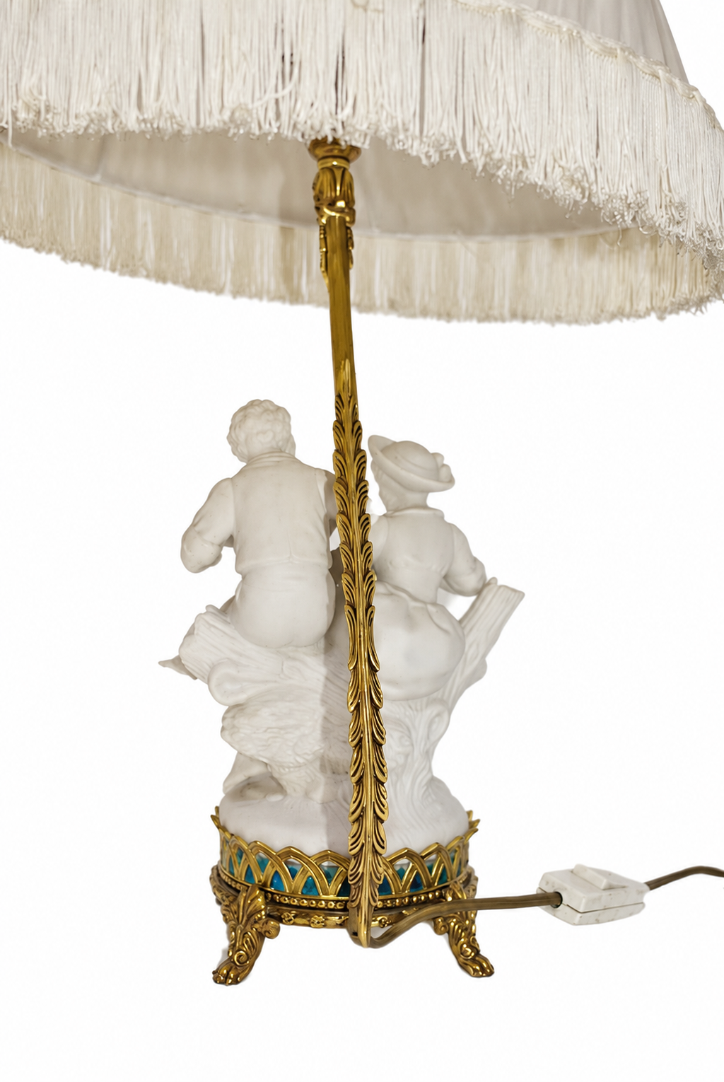 Biscuit Porcelain Musician Lamp with Pleated Fringed Shade — detail on white background