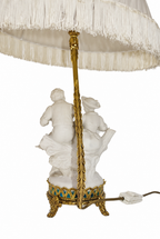 Biscuit Porcelain Musician Lamp with Pleated Fringed Shade — detail on white background