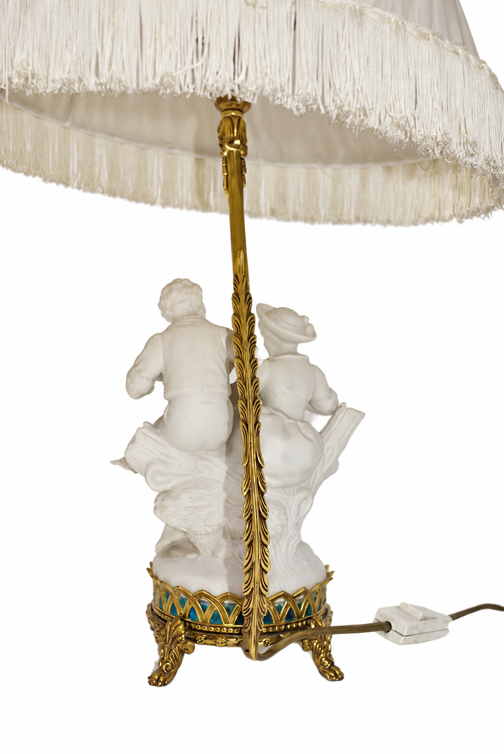 Biscuit Porcelain Musician Lamp with Pleated Fringed Shade — detail on white background