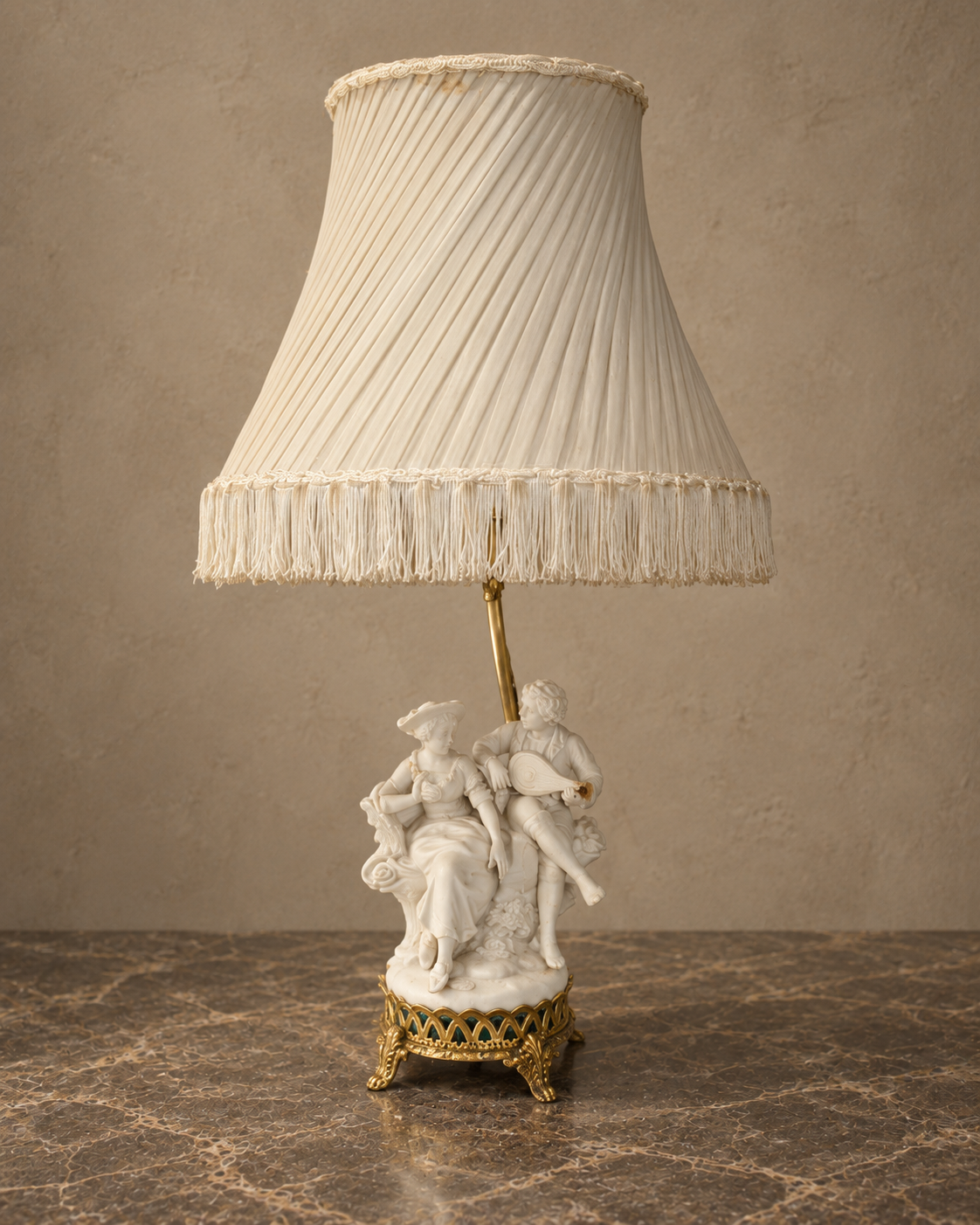 Biscuit Porcelain Musician Lamp with Pleated Fringed Shade — main view