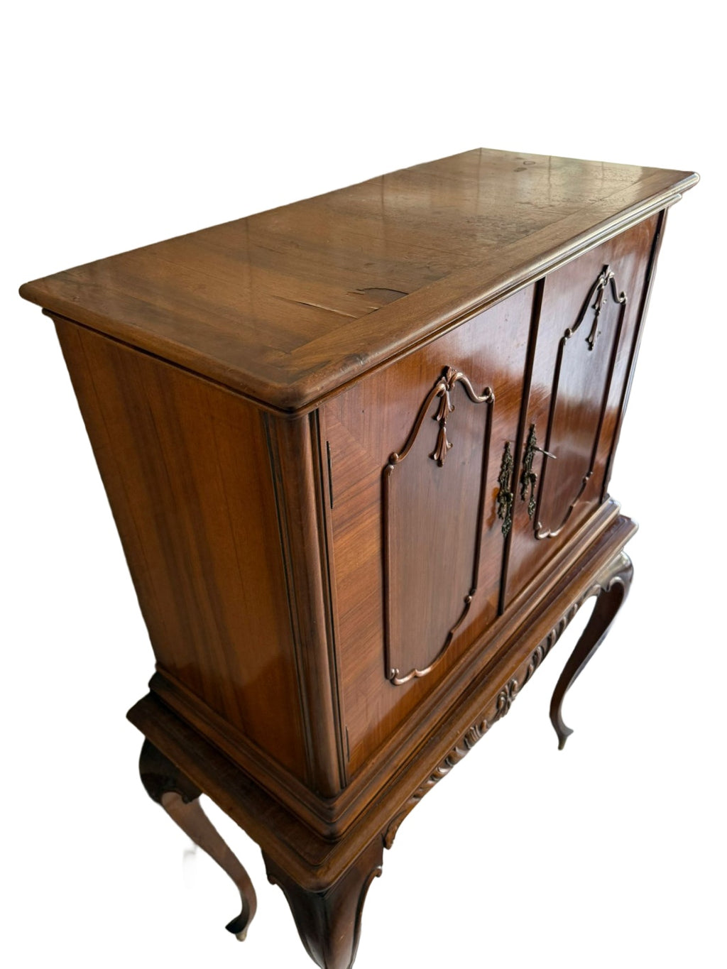 Original top and side view showing lifted and missing veneer and surface wear