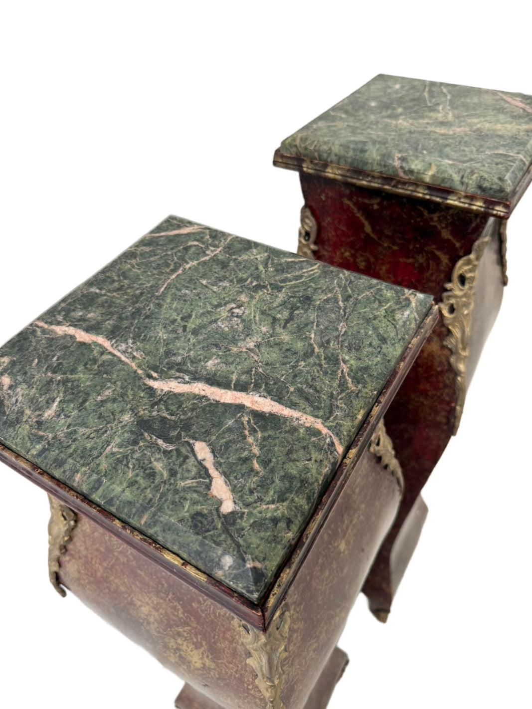Original overhead detail of both green marble tops and the worn decorated finish
