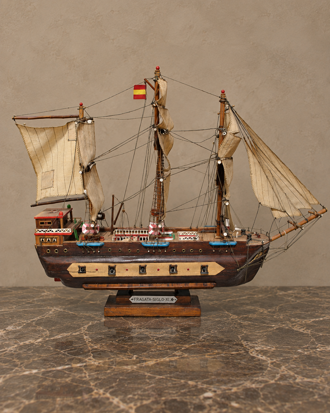 Three-Masted Frigate Model on Wooden Stand — main view