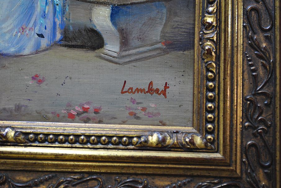 Garden Conversation, Oil on Copper Signed Lambert — original detail view 2