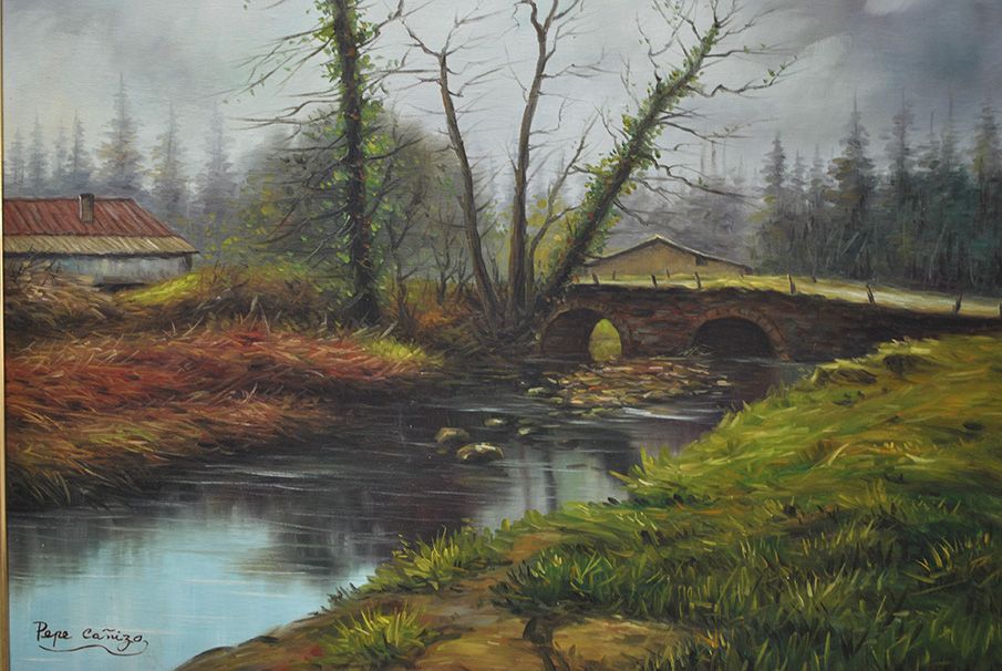 River and Stone Bridge, Oil Painting Signed Pepe Cañizo — detail view 4
