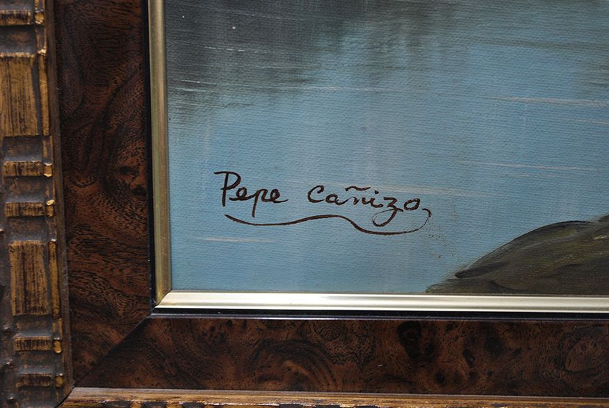 River and Stone Bridge, Oil Painting Signed Pepe Cañizo — detail view 6