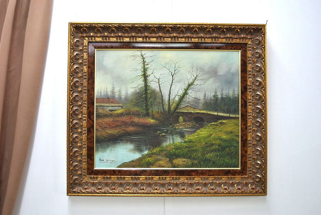 River and Stone Bridge, Oil Painting Signed Pepe Cañizo