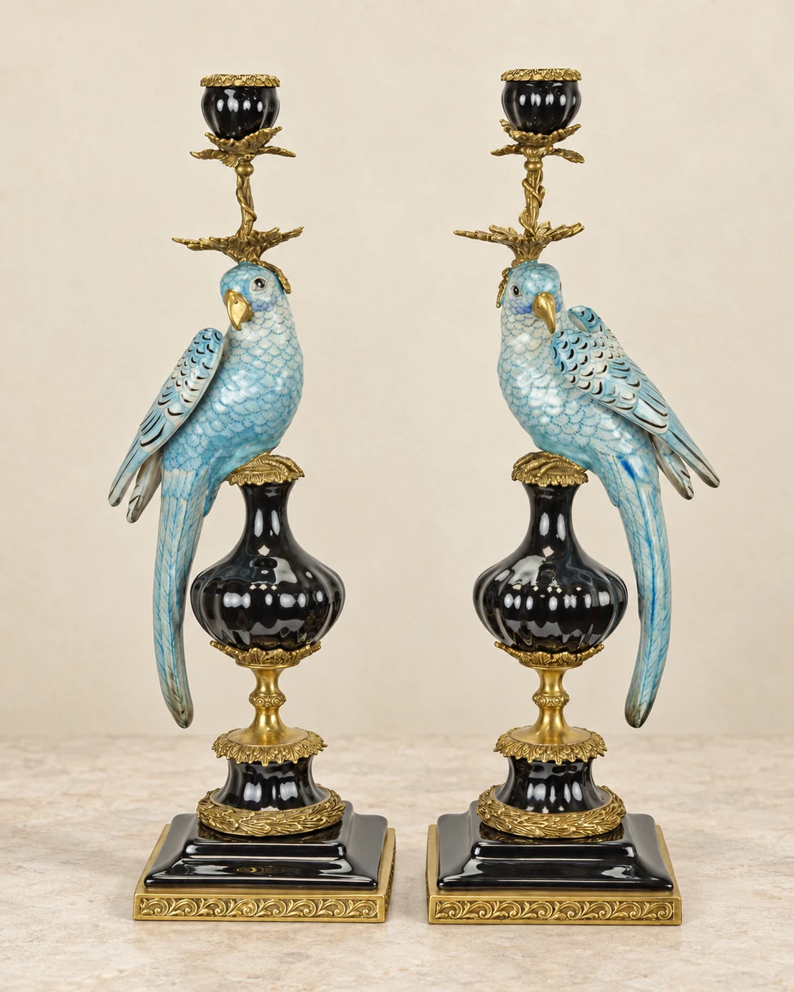 Pair of Black-Base Parrot Candle Holders