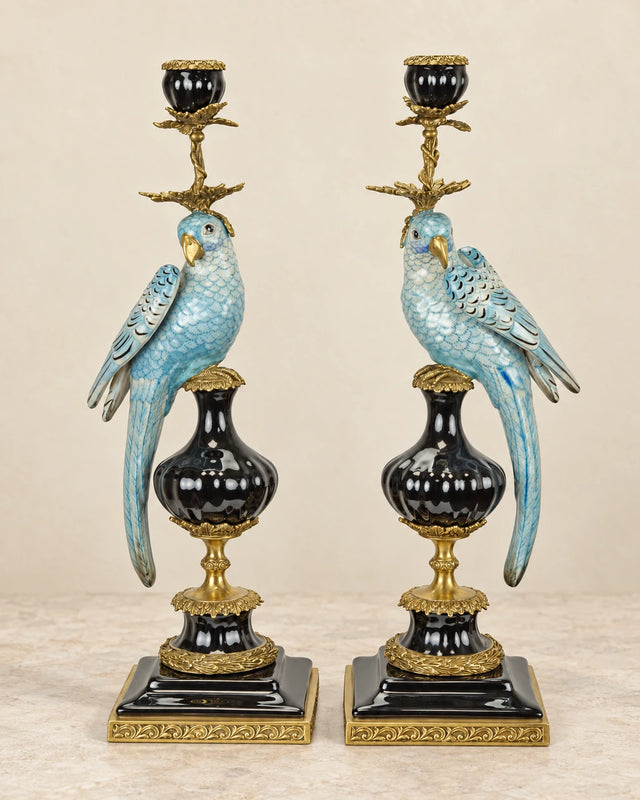 Pair of Black-Base Parrot Candle Holders