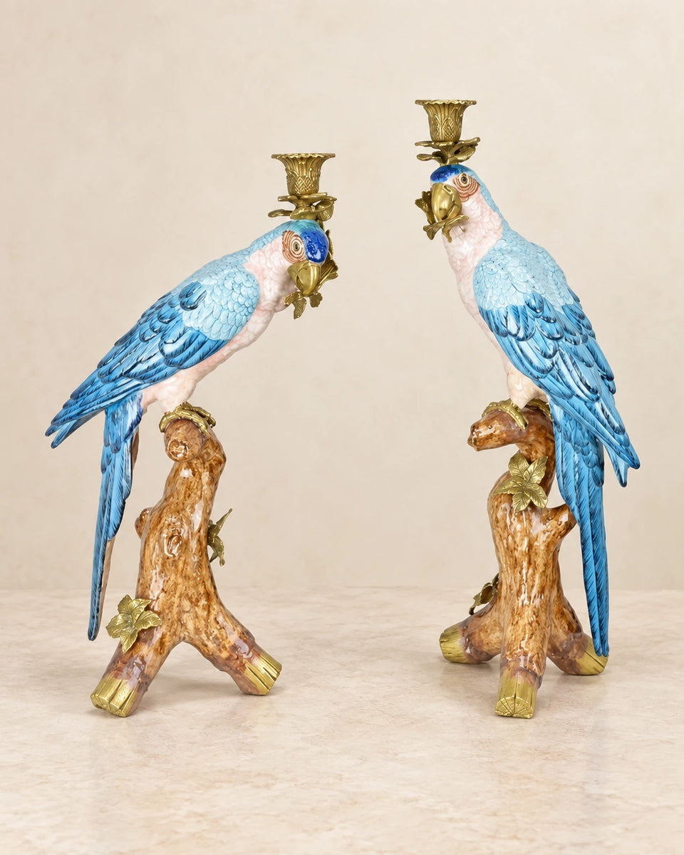 Pair of Blue Porcelain Parrot Candle Holders